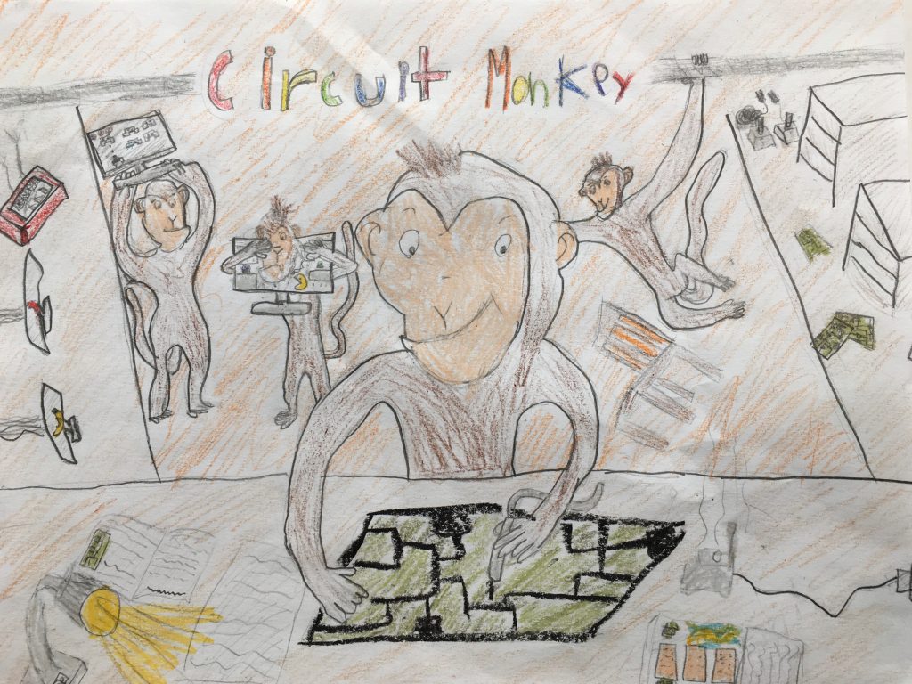 Drawn picture of an employee's child. Various monkeys can be seen playing practical jokes in the office.