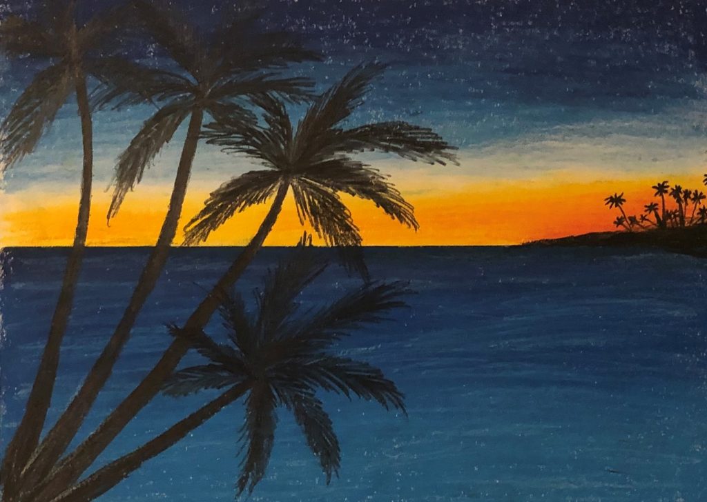 Painted picture of an employee's child. Palm trees can be seen in the foreground, behind them is the sea. The sun is just setting.