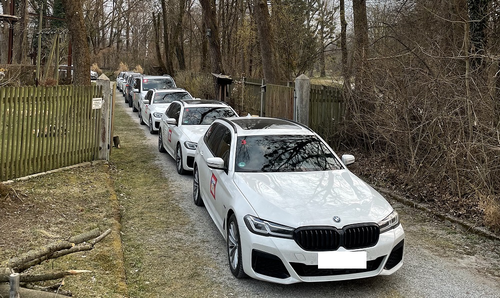 Column of parked white BMWs. They are parked between fenced properties on a gravel road.