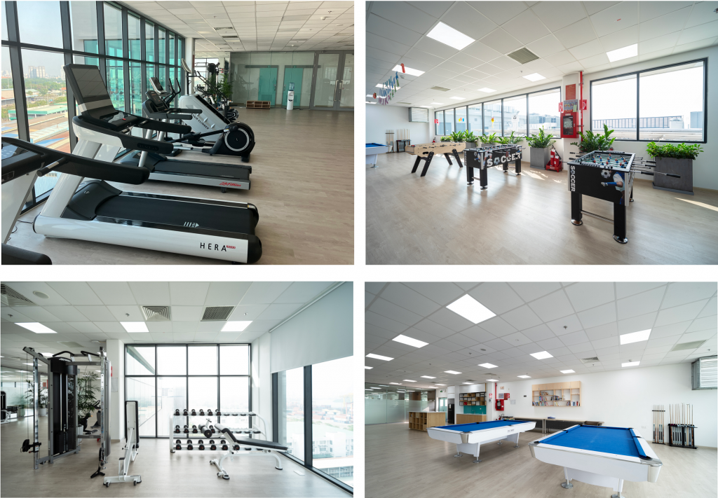 New Work at Pepperl+Fuchs Vietnam: Here you can see four different pictures. The two pictures on the left give you an insight into the fitness room. You can see treadmills and a station for weight training. On the right-hand side you can see two pictures of the hobby room. The top one shows the table football table and the bottom one shows two pool tables. The reading corner can be seen in the background.