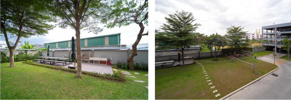 New Work at Pepperl+Fuchs Vietnam: The picture on the left shows a small terrace with a table and chairs. This is surrounded by a green meadow and trees. The picture on the right shows the Bandminton facility from above.