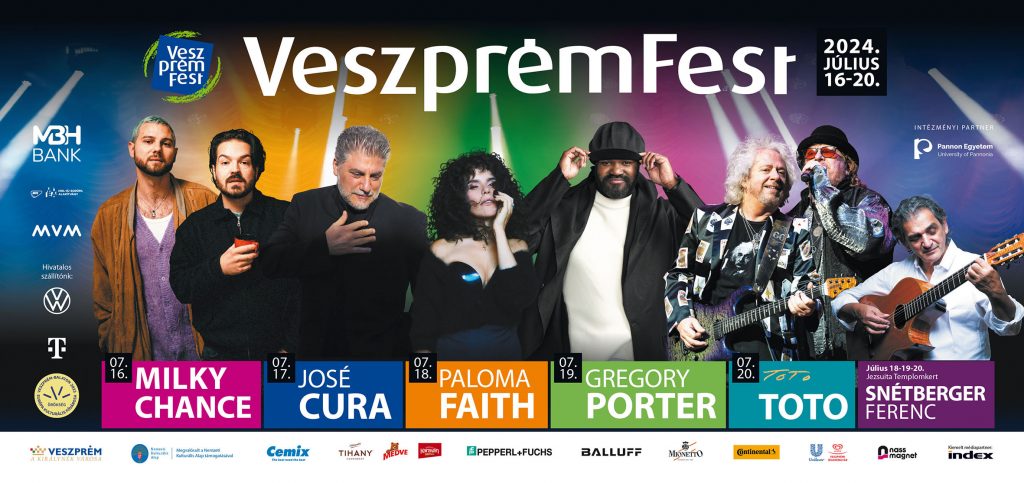 Poster of the VeszprémFest 2024 program. The various artists are pictured with the information on which day they will perform.